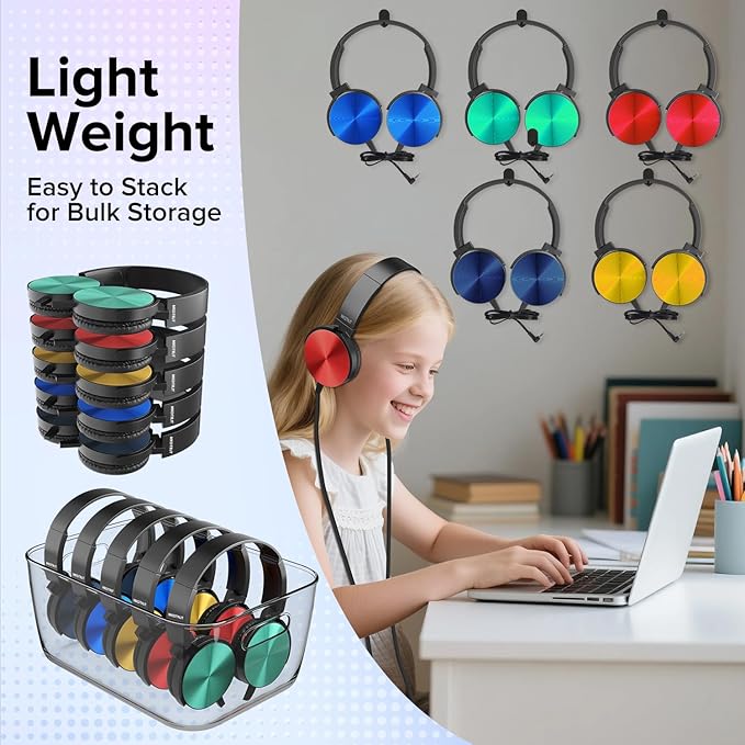 Classroom Headphones Bulk 10 Pack for Kids School,Wholesale Heavy Duty Wire Headsets,Class Set Earphones for Students,Children Toddler Teen Boys Girls and Adult(HTC004,Colorful)