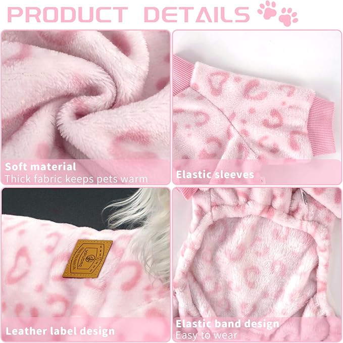 XPUDAC Dog Sweater Leopard Fleece Dog Pajamas for Small Medium Dogs Girl Soft Warm Pet Winter Clothes for Winter Christmas（Pink, X-Large）