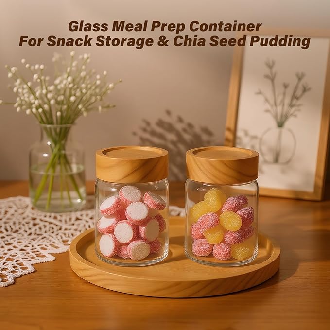 Zoaiirte 2pc Glass Mason Jars with Acacia Wood Airtight Lids - Overnight Oats & Food Storage Container Set, Clear Stackable Leakproof Kitchen Canisters for Meal Prep/Snack Organization/Spice Storage