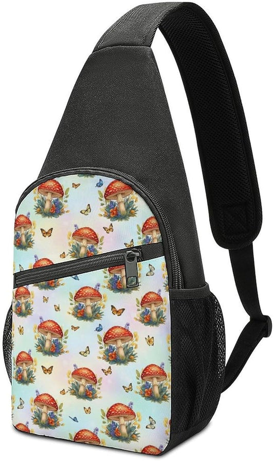 SWEET TANG Fashion Sling Backpack, Lightweight Sling Shoulder Bag, Outdoor Chest Crossbody Bike Gym Runner Daypack with Adjustable Strap for Men Women, Red Mushrooms Butterfly Art