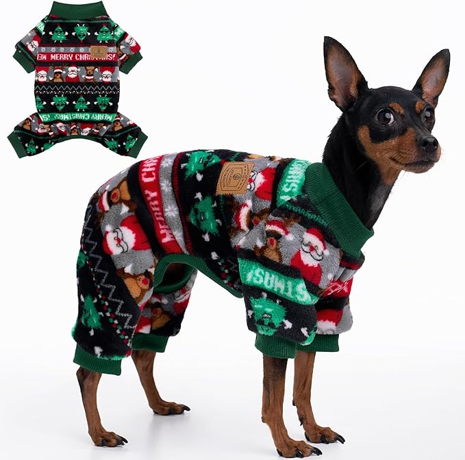 XPUDAC Christmas Dog Pajamas Fleece Dog Sweater Holiday Pet Outfit for Small Medium Dogs Girl Boy Puppy Clothes Onesie, XS
