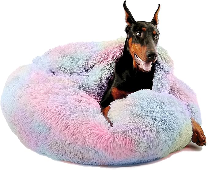 Himax Dog Beds for Large Dogs, Donut Dogs Beds with Blanket Attached, Calming Round Dog Bed Washable(20"/26"/35") Multicolor