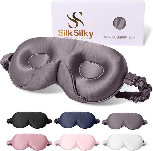 SilkSilky 100% 22 Momme Mulberry Silk Sleep Mask – Upgraded 3D Contoured Eye Mask with Nose Wing Pads & Adjustable Strap, Luxury Blackout Eye Cover for Women & Men (Dark Gray)