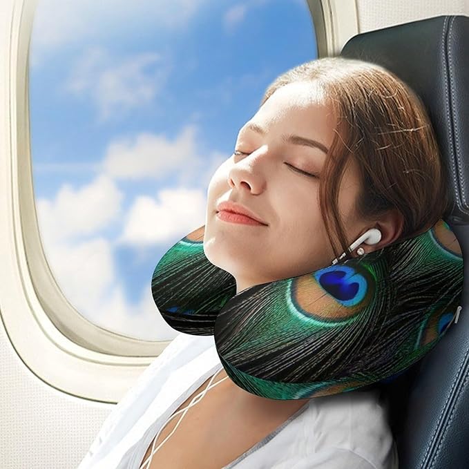 Breathable U-Shaped Neck Pillow Memory Foam Travel, Green Peacock Art U-Shape, Machine Washable Support Home Office