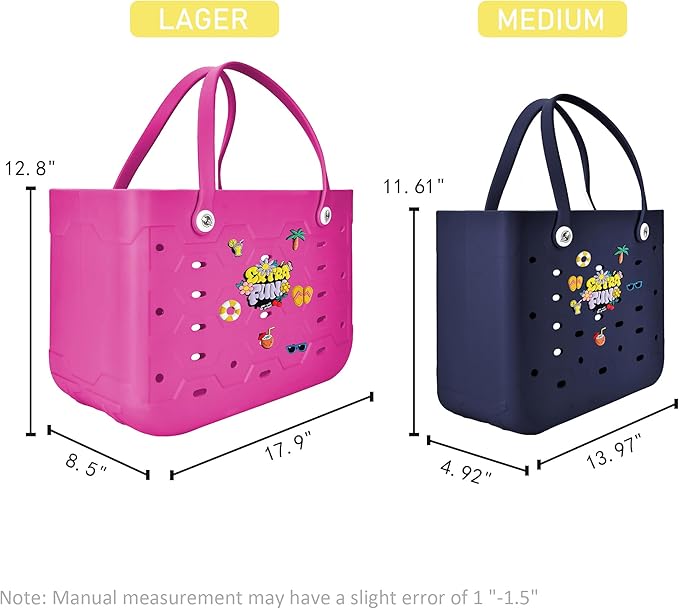 2-Piece Tote Bag Set, Waterproof Rubber Beach Bag with Summer Pattern, Medium & Large Handbag for Pool, Beach, Boat