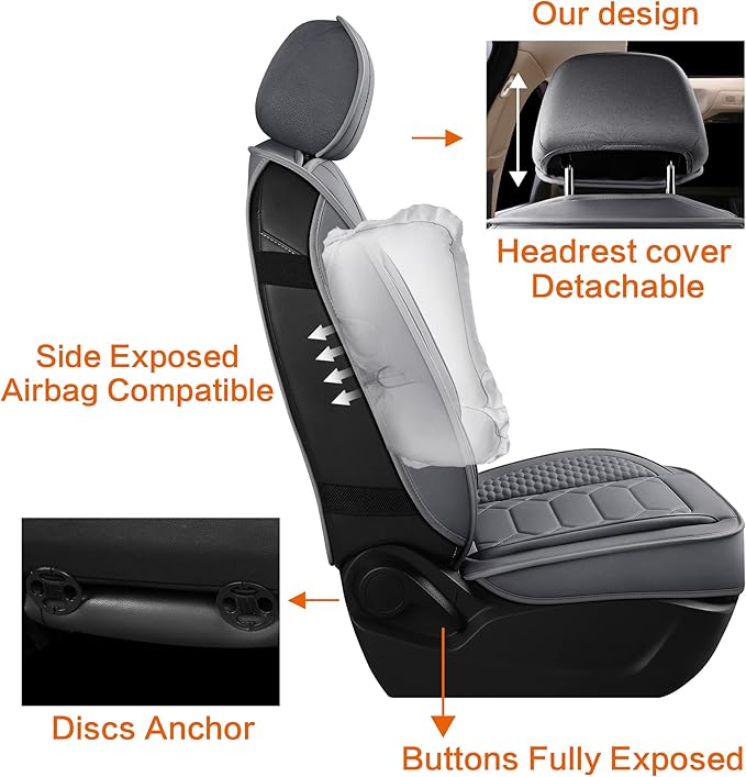 HAIYAOTIMES Leather Car Seat Covers Full Set, Waterproof Faux Leather Seat Covers for Cars, Non-Slip Car Interior Covers Universal Fit for Most Cars Sedans Trucks SUVs, Gray