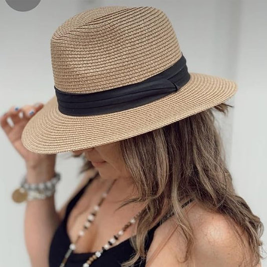 DRESHOW Women Straw Panama Hat Travel Fedora Beach Sun Hat Summer Wide Brim Straw Roll up Hat UPF 50+