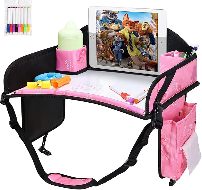 WENRENER Kids Travel Tray, 3PCS Car Seat Tray for kids Travel, Toddler Road Trip Essentials With Drawing Kit, Toddler Lap Desk Organizer for Car, Carseat Table for Airplane