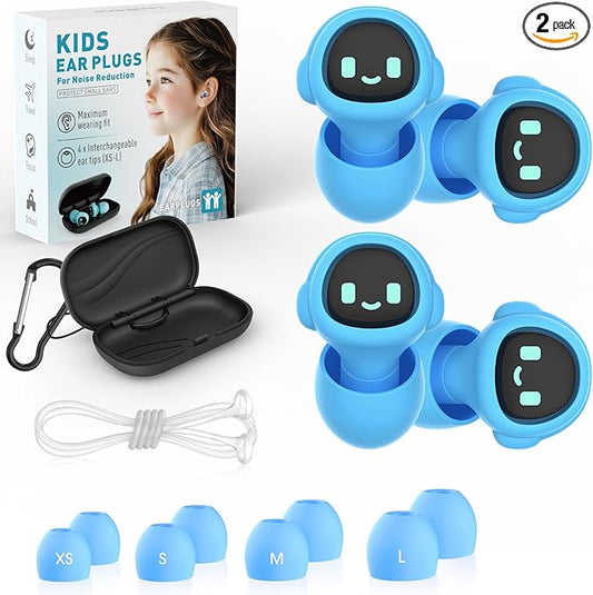 2 Pairs Kids Ear Plugs for 5-12 Yr, 27 dB Noise Reduction Extra Small Earplugs, Ear Plugs for Kids for Noise Sensitivity, Socializing, Sleep, Focus, 4 Sizes Ear Tips in XS-L (2X Purple+Cord)
