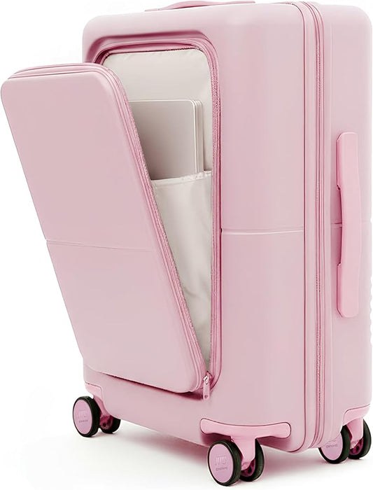 July Carry On Pro - 20" Hardshell with Front Pocket, Airline Approved Carry On Luggage with Wheels, TSA Lock Rolling Suitcase, Silent Spinner Wheels, USB Ports & Ejectable Battery - Blush Pink