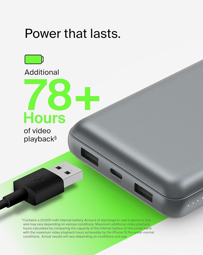 Belkin Portable Charger, USB C Power Bank 20000 mAh w/ 2 USB-A Ports, 15W w/A to C Cable - iPhone 17, Air, Pro, Pro Max, AirPods, Samsung Galaxy S25, iPad, Nintendo Switch 2, Google Pixel 10 - Gray