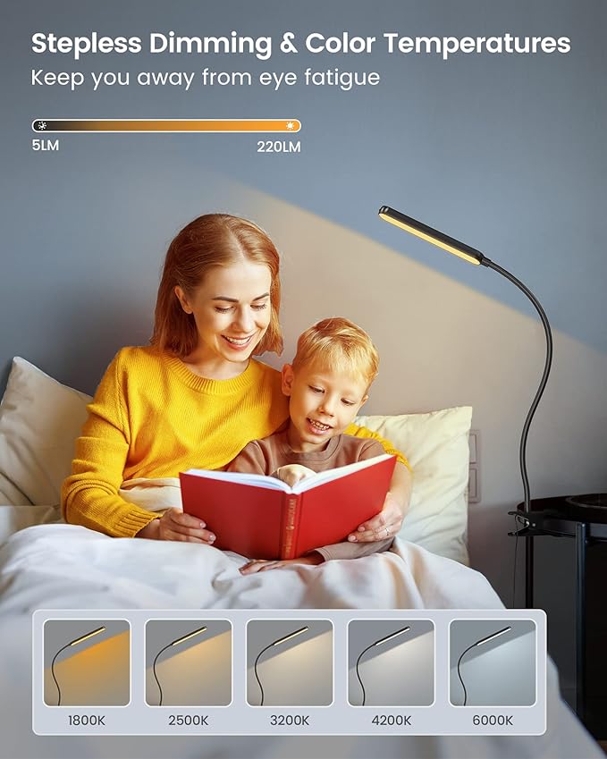 Glocusent 38 LED Clip On Light: 5W Eye Caring Book Lights for Reading at Night - 5 Color & 5 Brightness with a Remote, 30-Min Auto Off Timer, Multi-Purpose Clip Lamp for Bed Reading/Studying/Working