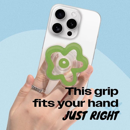 OnTheGrip Cute Transparent Daisy Flower Shape Design Mobile Phone Grip Multi Functional Collapsible Stand Holder for Smartphone Tablet Cell Phone Accessory (Green)