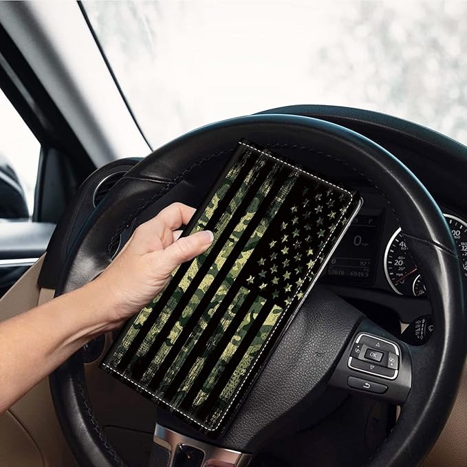 Car Registration and Insurance Holder, Leather Car Glove Box Organizer, Cool Car Accessories for ID, Driver's License Cards & Essential Document, business cards, Men&Women,Military Camouflage USA Flag