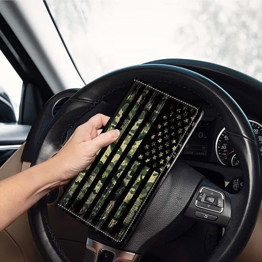 Car Registration and Insurance Holder, Leather Car Glove Box Organizer, Cool Car Accessories for ID, Driver's License Cards & Essential Document, business cards, Men&Women,Military Camouflage USA Flag