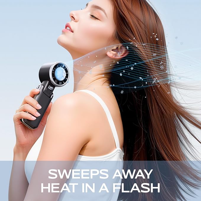 SHEWIND Portable Handheld Fan with Ice Cooling - 5 Gear High Speed Personal Turbo Fan Rechargeable, Up to 13 Hrs, Mini Hand Fans for Travel Essentials, Beach Vacation, Gifts for Women, Men (Black)