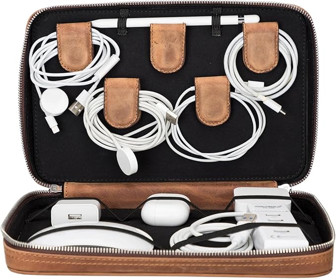 Medicine Handmade Leather Cable Organizer Bag – Full-Grain Leather Travel Tech Case for Cords, Chargers & Accessories – Zippered Storage for Men & Women (Antic Brown)