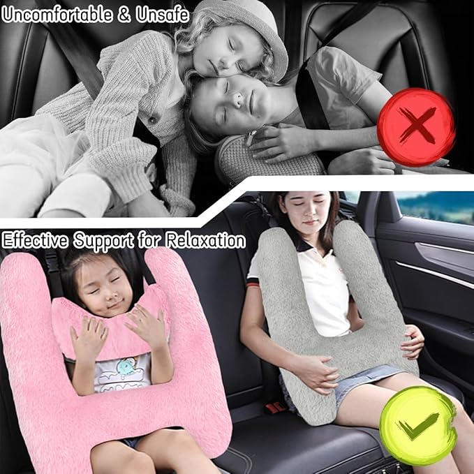 Soft Plush Car Pillow Travel Pillow for Kids with Neck Support Headrest, H-Shape Car Pillows for Kids Sleeping on Long Road Trips, Adults Child Car Seat Pillow, Body Support Travel Accessories, Black