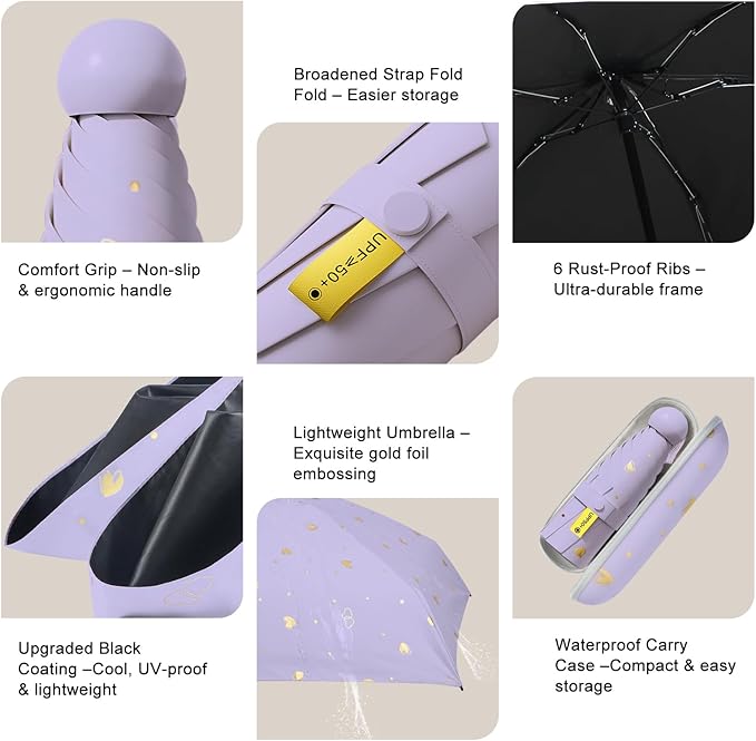 Compact Travel Umbrella - Mini Manual Umbrella for Purse, Windproof & UPF 50+ Sun & Rain Protection, Lightweight Portable Folding with Case for Women, Men，Kids
