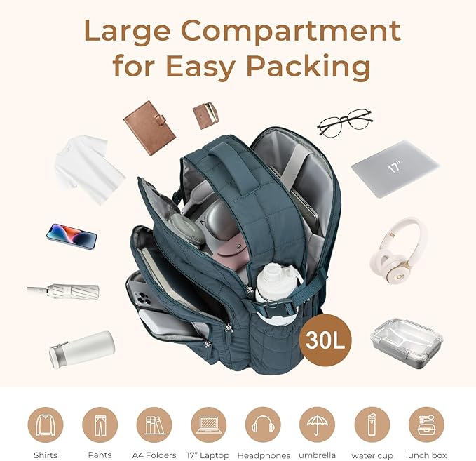 CLUCI 17.3 Inch Laptop Backpack for Women, Anti Theft Travel Backpack, Puffer Quilted Work Backpack, Water Resistant College Bookbag, Carry on backpack with RFID(Green)