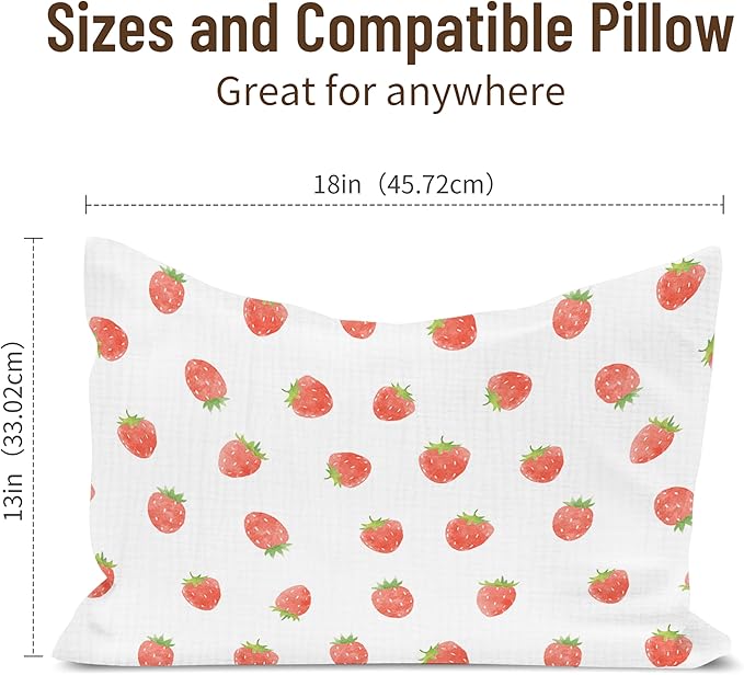 Toddler Pillowcases for 13"x18" Pillow 2 Pack, Muslin Small Toddler Baby Kids Travel Pillow Covers for Boys Girls with Envelope Closure (Strawberry & Pale Pink, 13 x 18 Inch)