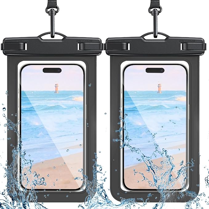 2 Pack Waterproof Phone Pouch with Adjustable Lanyard for iPhone 17 16 15 14 13 12 Pro Max, for Samsung Galaxy S25/S24 up to 7.5", IPX8 Water Proof Phone Case Dry Bags Black/Black