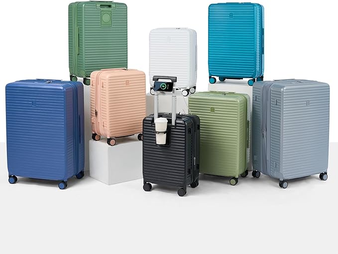 Hard Shell Suitcases 20 Inch Carry on Luggage Airline Approved with Wheels, Expandable Travel Luggage with Cup Holder Charger Built in Lightweight Small Suitcase, Caribbean Blue