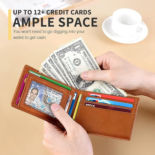 RUNBOX Wallet for Men Slim 11 Credit Card Holder Slots Leather RFID Blocking Small Thin Men's Wallet Bifold Minimalist Front Pocket Large Capacity Gift Box