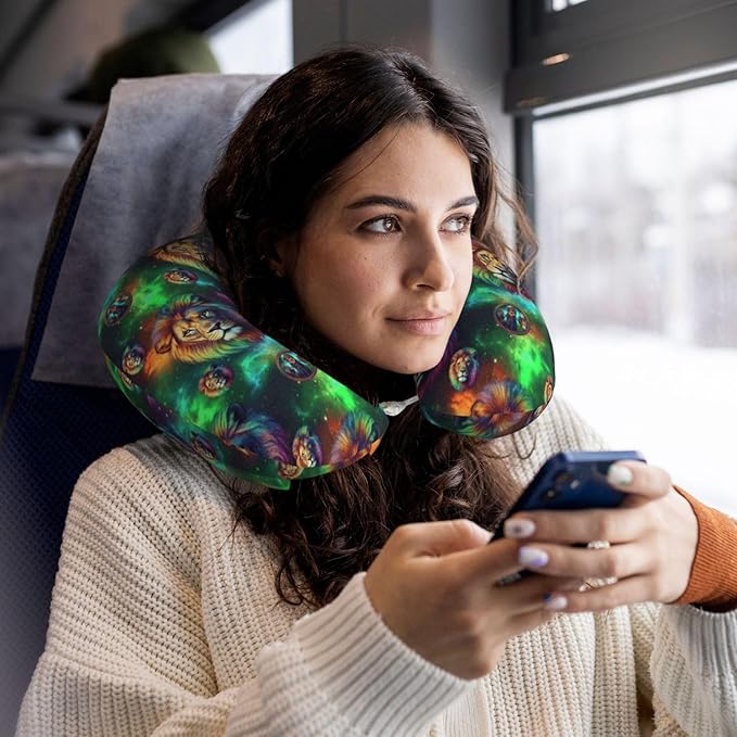 Neck Pillows for Travel Green Galaxy Lion, Women and Men Airplane Car Pillow, Neck Support U Shaped Pillow for Rest Pain Relief Sleeping