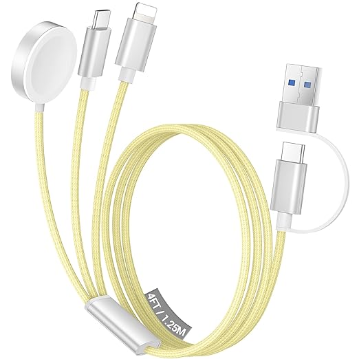 Temdan for Travel Vacation Essentials,3 in 2 USB C Cable for Apple Watch Charger/iPhone 17 Charger/Lightning,Multi Charging Cable Cord,Camping Essentials,Designed for iWatch &iPhone 16-12-4FT Yellow