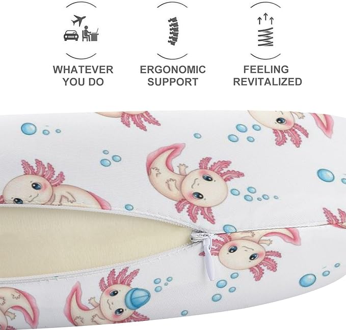 Funny Travel Neck Pillow Memory Foam U Shaped Cushion Cute Adorable Axolotl White, Washable Cover for Men Women Teens Airplane Car Sleep