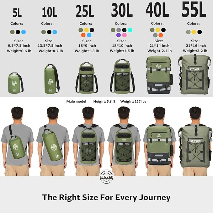 STOVER 5/10/25/30/40/55L Waterproof Dry Bag- Roll-Top Backpack w/Phone Case- Kayaking, Hiking, Camping, Boating- Men/Women