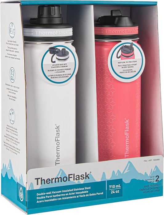 Thermoflask 24 oz Bottle with Spout and Straw Lid - Stainless Steel, Double-Wall Insulation & BPA-Free - Leakproof, Resuable - White/Coral (2 Pack)