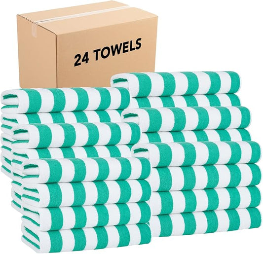Arkwright California Cabana Stripe Beach Towel Bulk - Case of 24, Large Soft Quick Dry Cotton Terry Towels Set for Pool, Swim, and Hot Tub, Oversized 30 x 70 in, Green