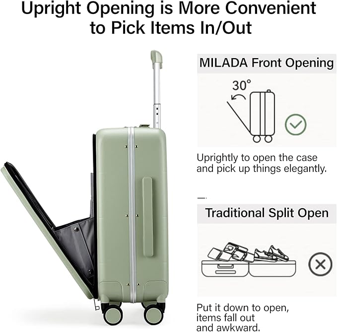 MILADA Carry On Luggage 22x14x9 Airline Approved Spinner Wheels TSA Luggage 20 Inch Hard Shell Suitcases Front Opening Pocket Rolling Aluminum Frame Travel Luggage, Bamboo Green