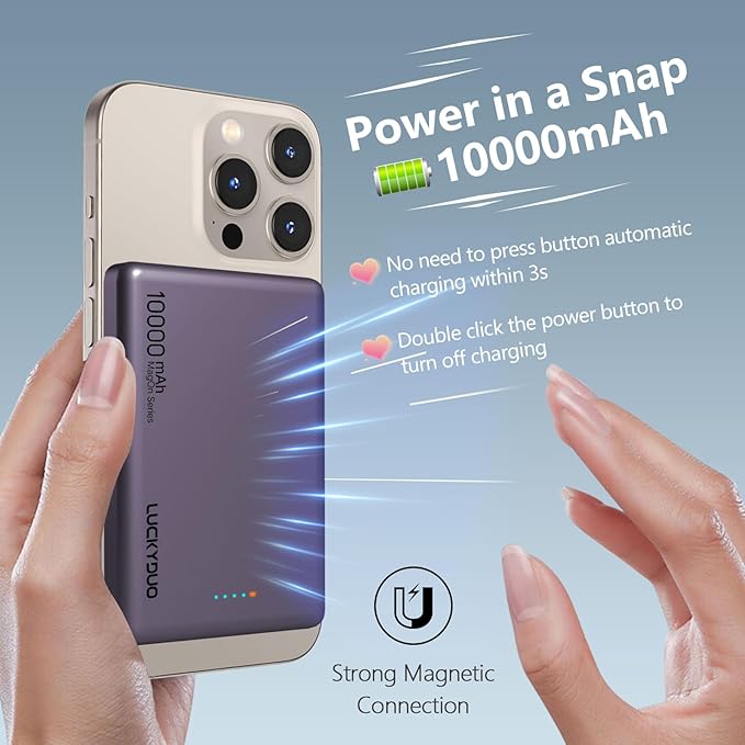 LUCKYDUO Ultra Slim 10000mAh for Magnetic Portable Charger,0.47IN Thin Wireless Magnetic Power Bank, Compact Battery Pack with PD 20W Two Way USB-C Charging,Compatible with iPhone 16/15/14/13 Series