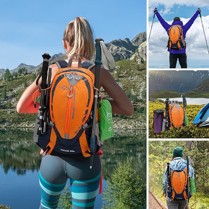 INOXTO Small Hiking Backpack with 2L Water Bladder and Rain Cover, 25L Hydration Backpack Hiking Daypack (Orange blue)