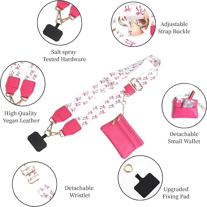 Crossbody Body Phone Holder for Women, New Phone Strap with Zippered Pouch, Adjustable Crossbody Strap (Rose red butterfly)