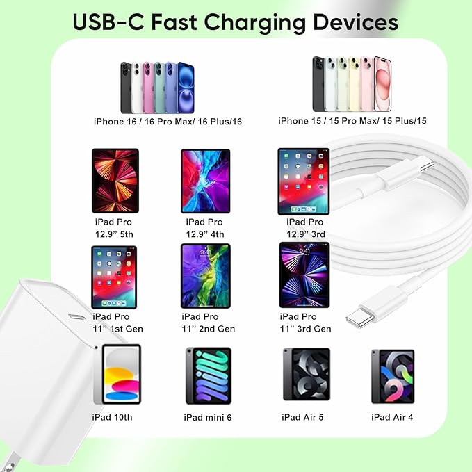 USB C Charger for iPhone 16/15 Charger Fast Charging, 20W Apple Fast USB C Wall Chargers 2Pack Type C Blocks Adapter Fast USBC Charging Cable Cord for iPhone 16 Pro Max/iPhone15 Plus/iPad Pro/Air/Mini