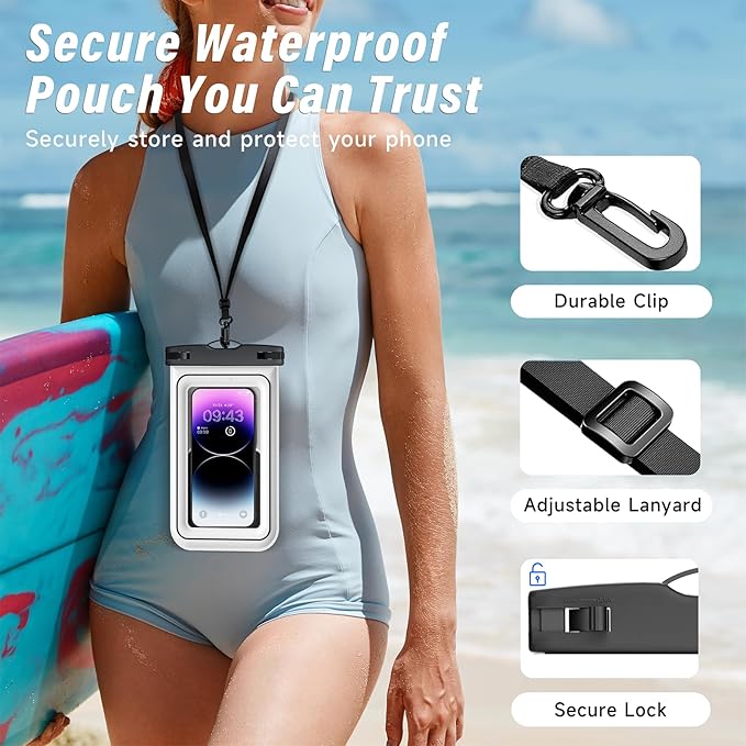 Waterproof Phone Pouch - 2 Pack IP68 Floating Waterproof Phone Case, Dry Bag Beach Cruise Essentials 2025 with Adjustable Lanyard for iPhone 16 Pro Max / 15 Pro / Galaxy S24 S23 (Black and White)