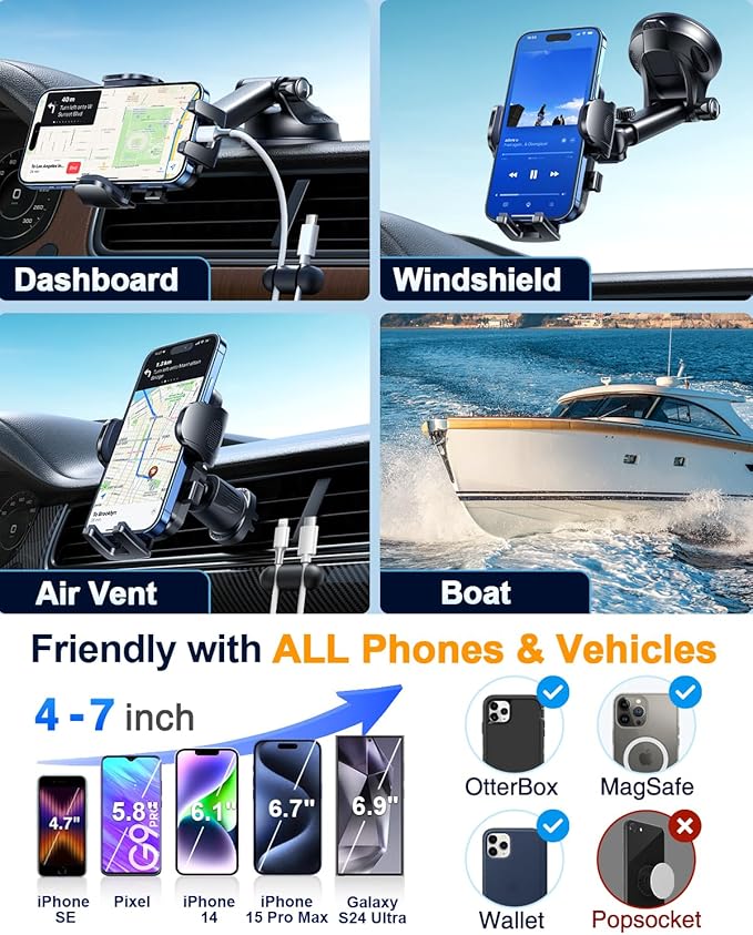 YRU True Military-Grade [360° Rotation Suction] 2025 Ultimate Car Phone Holder Mount 【90+LBS Safest Strongest & Patent Certs】 Dashboard Windshield Vent for iPhone 17 16 Pro Max Samsung, Pale Pink