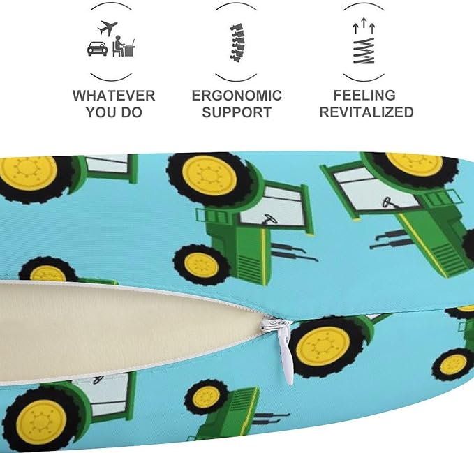 Breathable U-Shaped Neck Pillow Memory Foam Travel, Green Toy Tractors U-Shape, Machine Washable Support Home Office