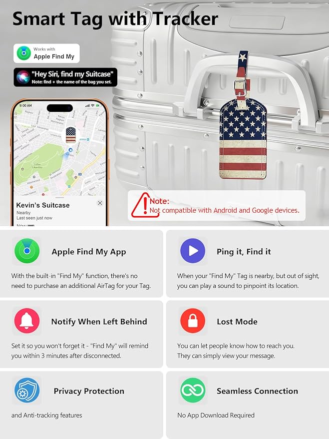 Luggage Tags Built-in Anti-Loss Tracker, Luxury Leather Luggage Tags for Suitcase, Travel Bags, Backpacks, Travel Organizer for Lost Baggage Prevention (US Flag)