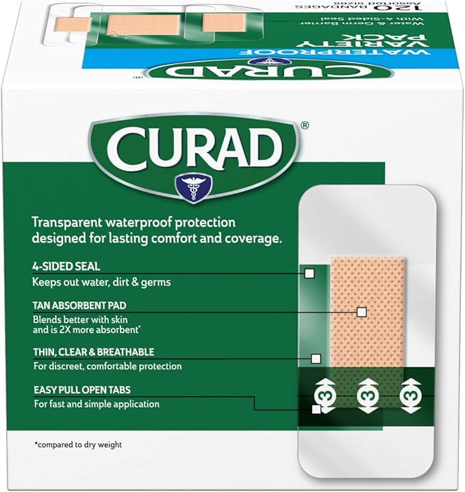Curad Waterproof Bandage Variety Pack, 3 Styles Included; Assorted Size, 120 Bandages