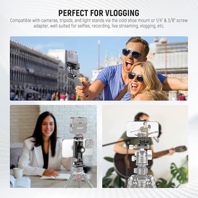 Neewer Phone Tripod Mount Adapter with Arca Type QR Base, Cold Shoe, 1/4" 3/8" Holes, 360° Swivel 180° Tilt, Phone Holder Compatible with iPhone Samsung Arca Swiss DJI RS 4 Pro 3 2 Stabilizer, SP-18