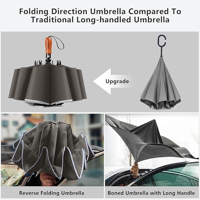 Lejorain Golf Large Inverted Umbrella - Black Big Windproof Heavy Duty Upside Down 46/50/54 Inch Compact Reverse Car Automatic Folding Reflective Umbrella