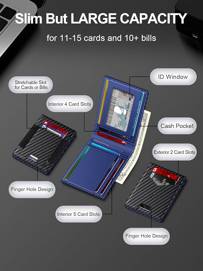Wallet for Men Slim Leather Wallets for 13-17 Cards, RFID Blocking Thin Card Holder Wallet with ID Window & Large Capacity Cash Slot, Minimalist Bifold Small Wallet for Front Pocket, Gift for Men