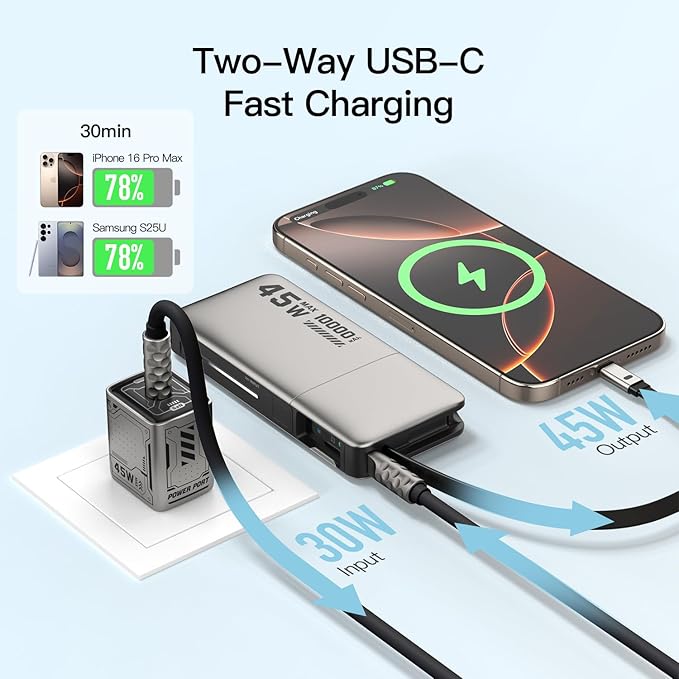 MFish 10000mAh Portable Charger, 45W PD Fast Charging Power Bank with Retractable Built-in USB-C Cable, Flight-Safe Travel Battery Pack for iPhone 17/16 Pro Max, Samsung S25 S24, iPad, Google etc