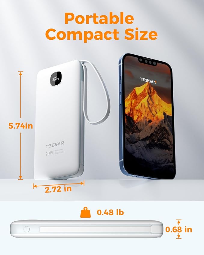 TESSAN Portable Charger with Built in Cables, 10000mAh Power Bank Fast Charging with Foldable Wall Plug Charger, 20W Compact Battery Pack Travel Essentials for iPhone 16/15 Series, Samsung, Tablets
