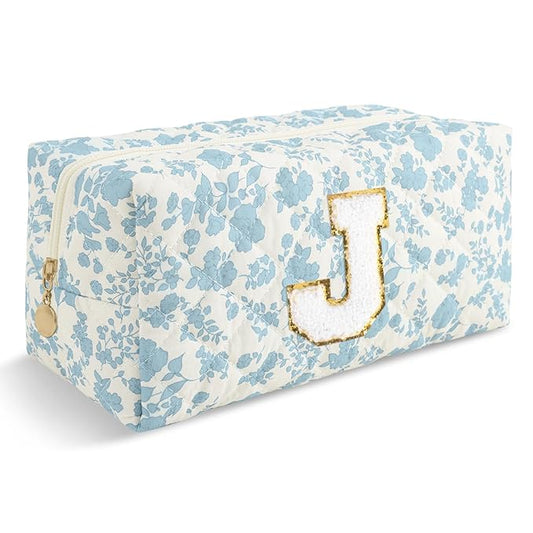 Personalized Quilted Cosmetic Bag, Puffy Monogrammed Christmas Birthday Gifts for Women & Girls, Cute initial Floral Makeup Bag Puffer Coquette Bag, Aesthetic Travel Toiletry Zipper Pouch(Blue,J)